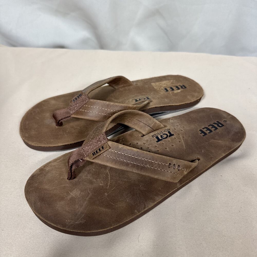 REEF Draftsmen Leather Flip Flops Men's 9 Brown TQT Arch Support Sandals EU 42